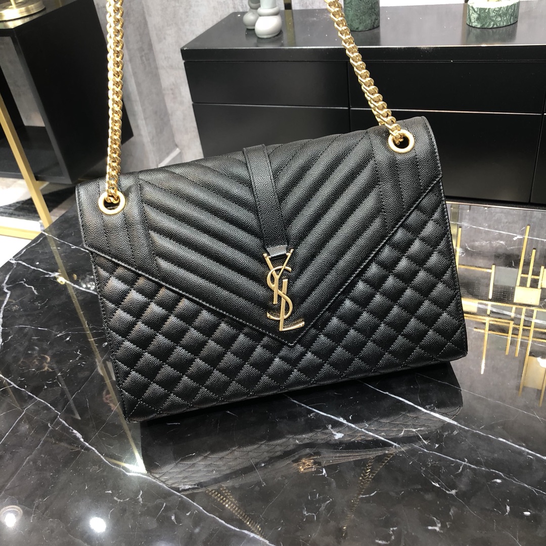 Saint Laurent Envelope Large Grain Quilted Calfskin Handbag Black 487198 Gold